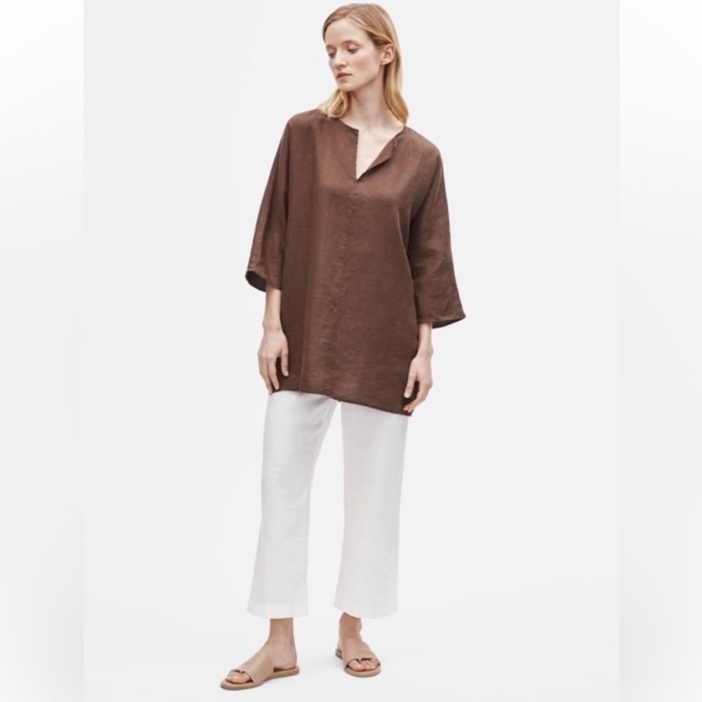 Eileen Fisher Organic Handkerchief Linen Split Neck Tunic Brown - XL